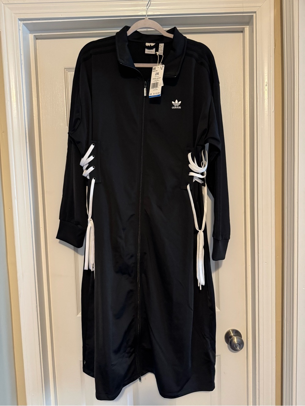 adidas Originals Black Long Bomber-Style Zip Jacket with White Lace Accents NWT
